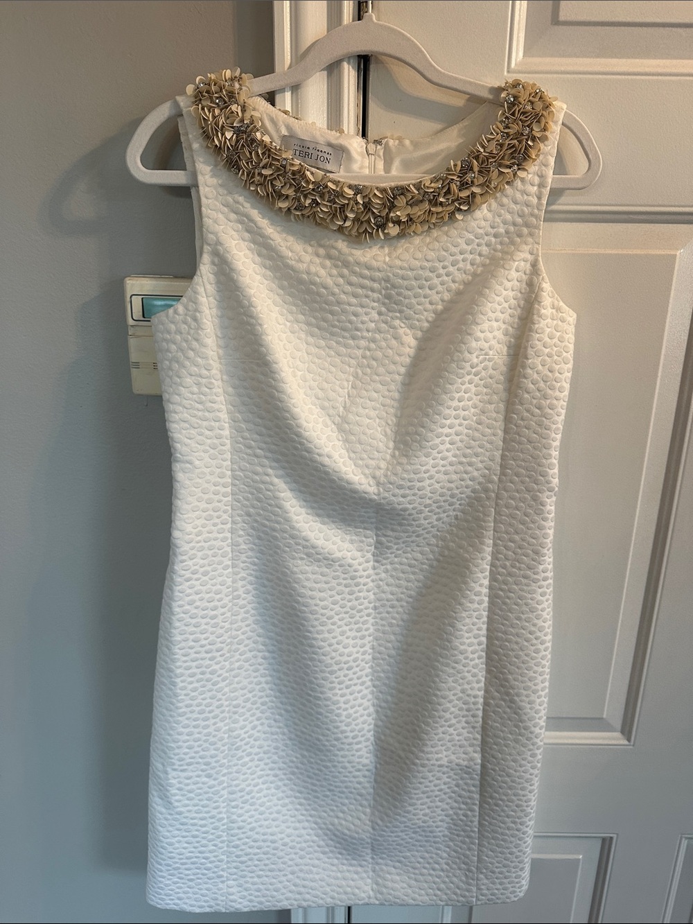 Teri Jon White Textured Sheath Dress with Gold Floral Collar